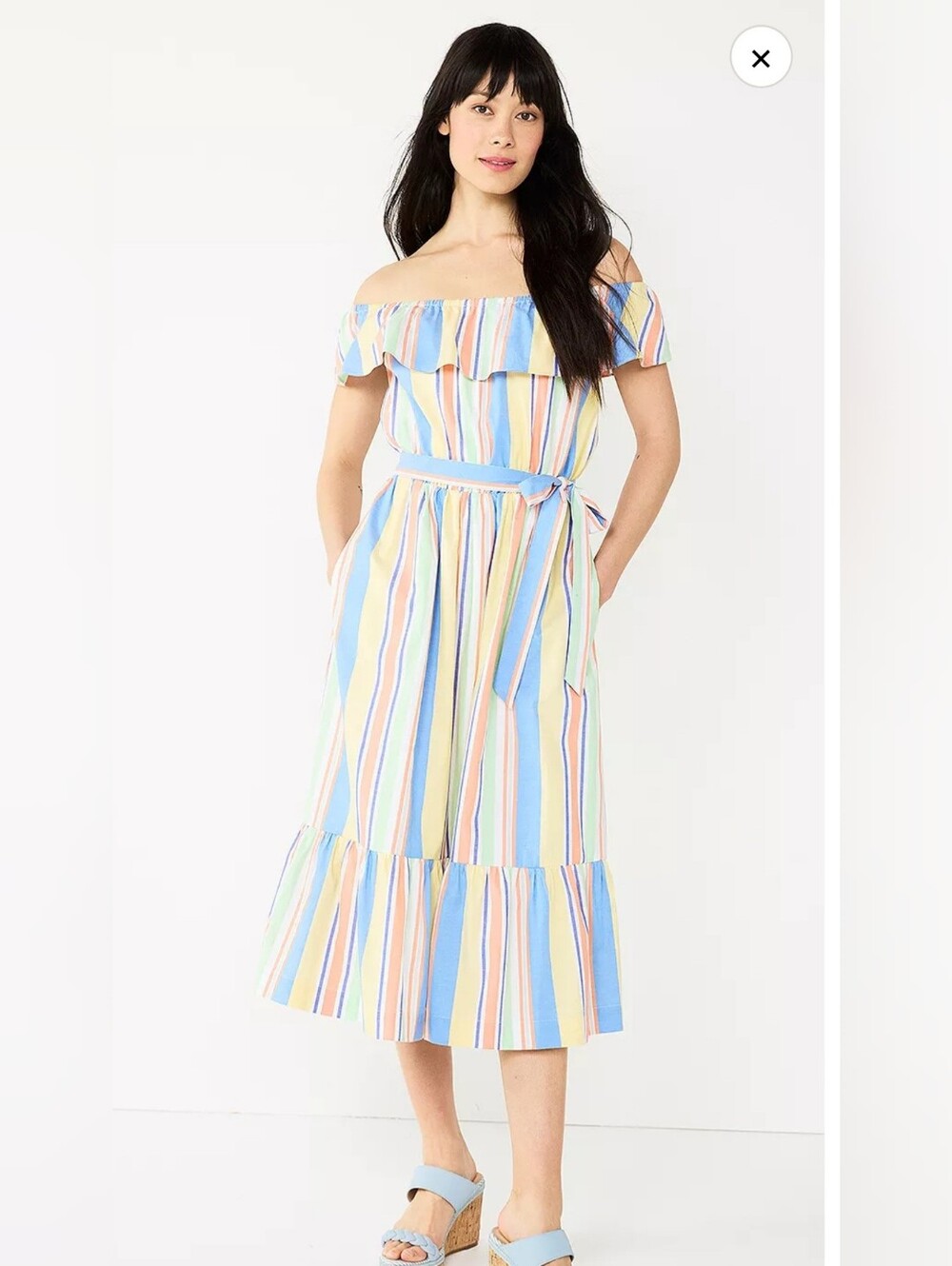 Draper James RSVP Pastel Rainbow Striped Off-Shoulder Ruffle Preppy Dress, 2X